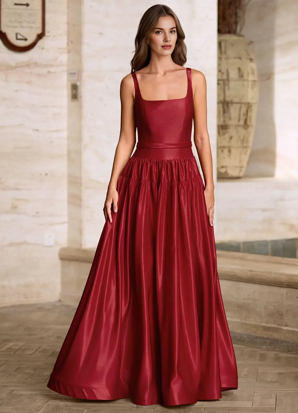 Elegant A-line Square Neck Satin Burgundy Long Prom Dress With Pockets