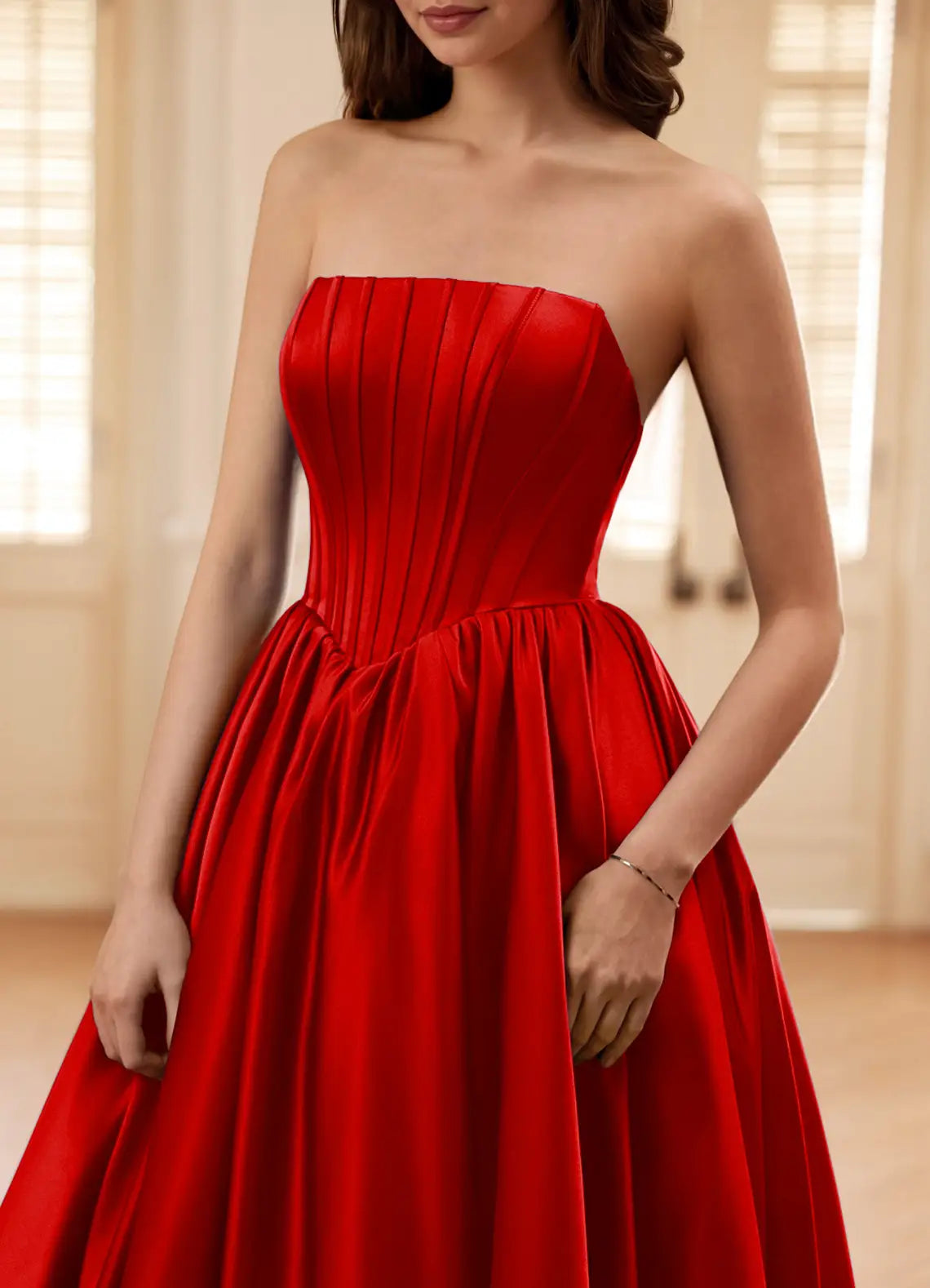 Elegant A-line Strapless Corset Satin Red Full Length Prom Dress Custom