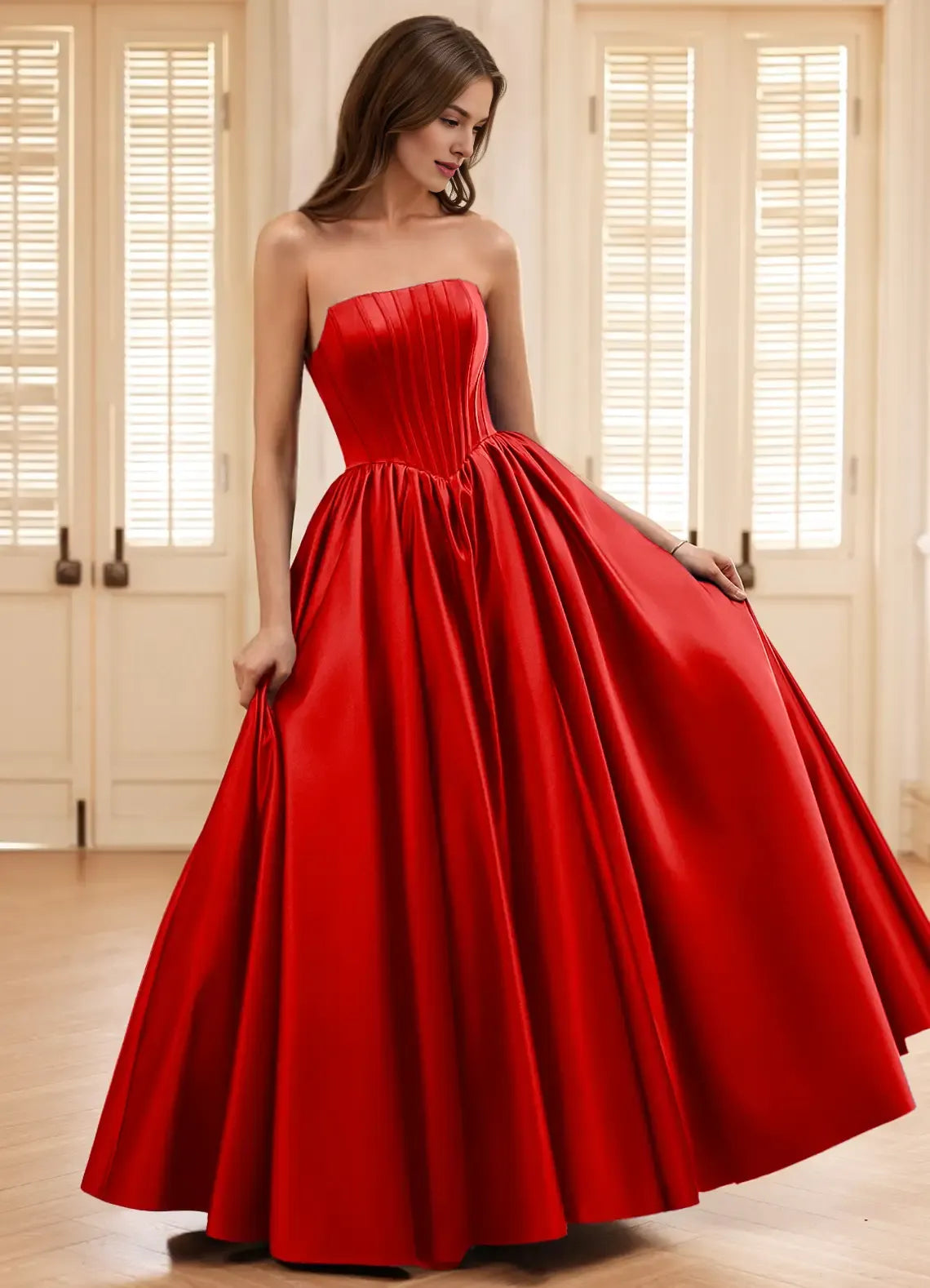Elegant A-line Strapless Corset Satin Red Full Length Prom Dress Custom