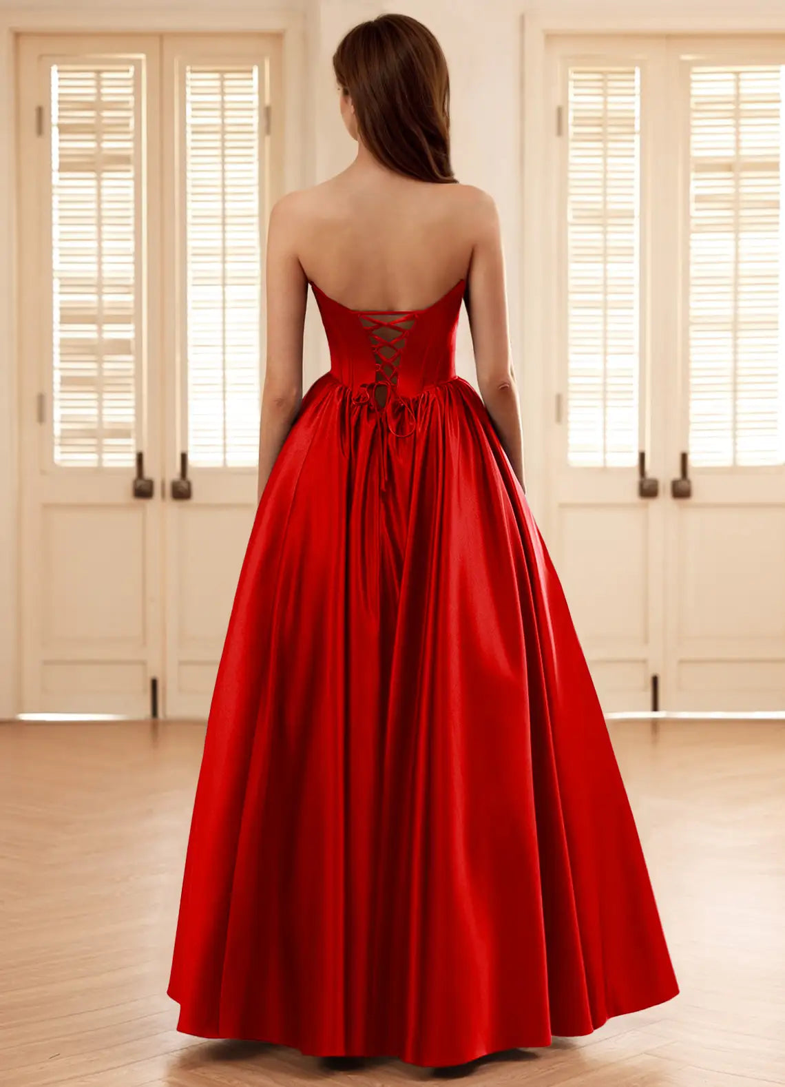 Elegant A-line Strapless Corset Satin Red Full Length Prom Dress Custom