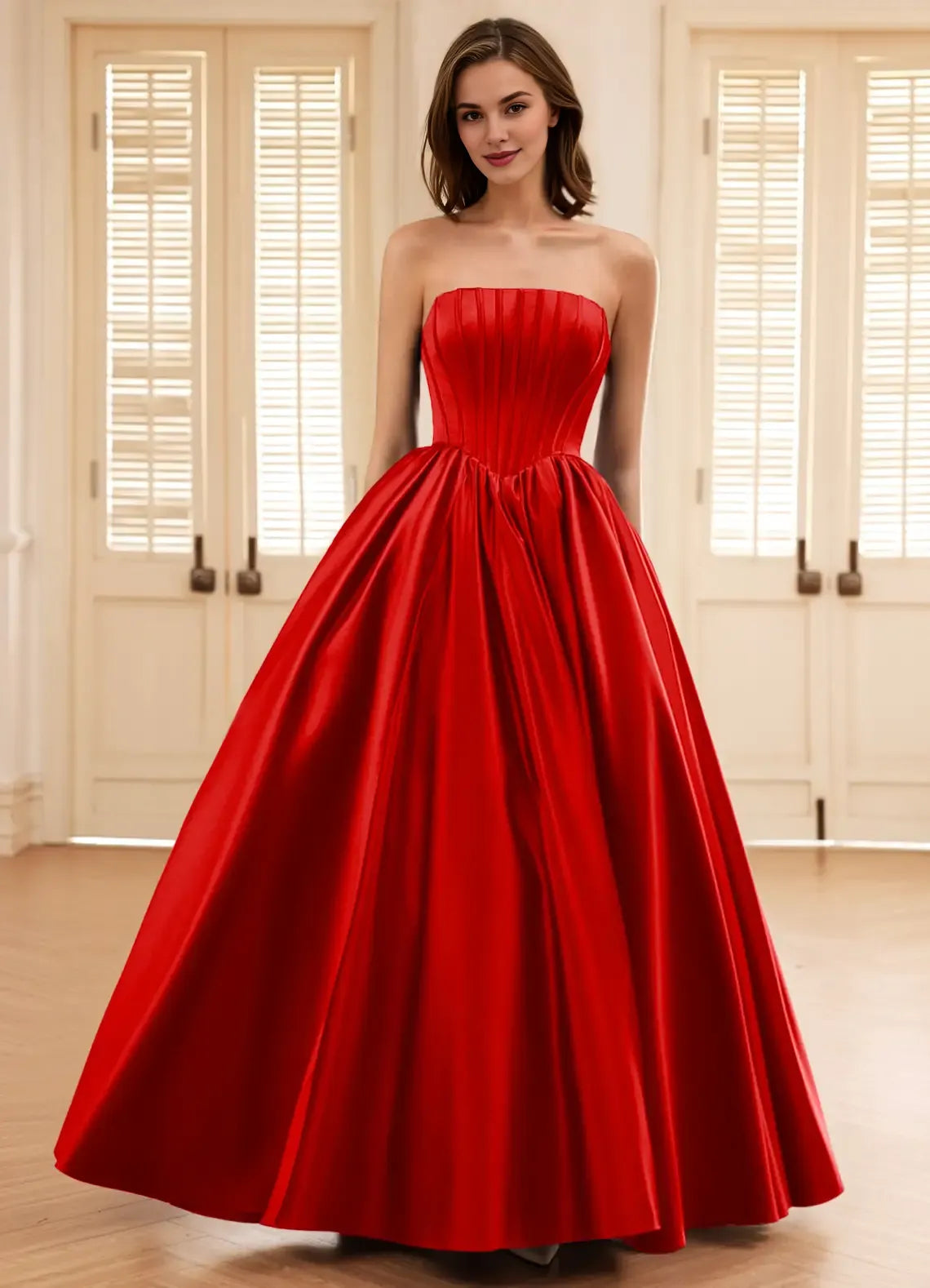 Elegant A-line Strapless Corset Satin Red Full Length Prom Dress Custom