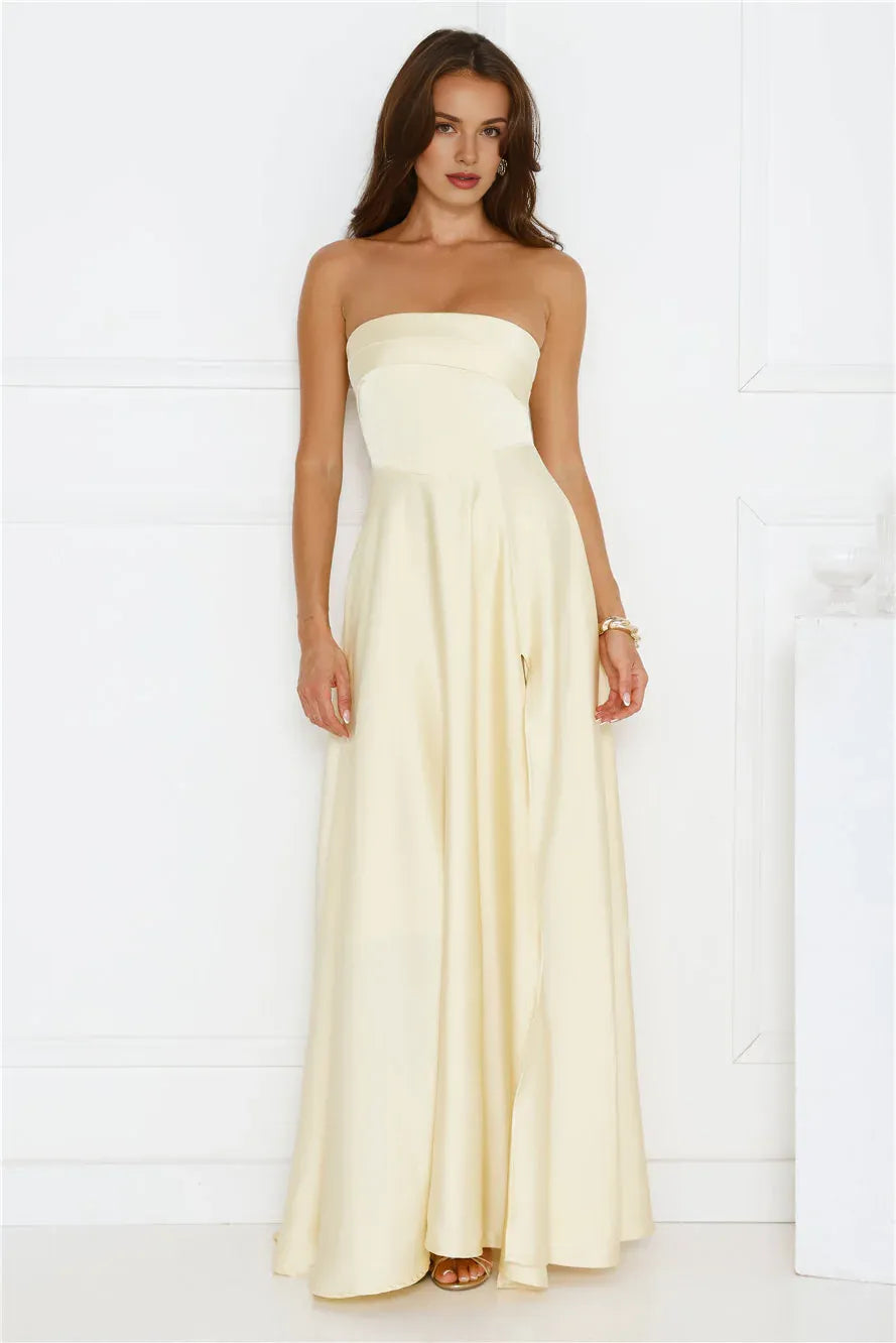 Elegant A-line Strapless Sleeveless Pleated Satin Yellow Maxi Prom Dress With Slit