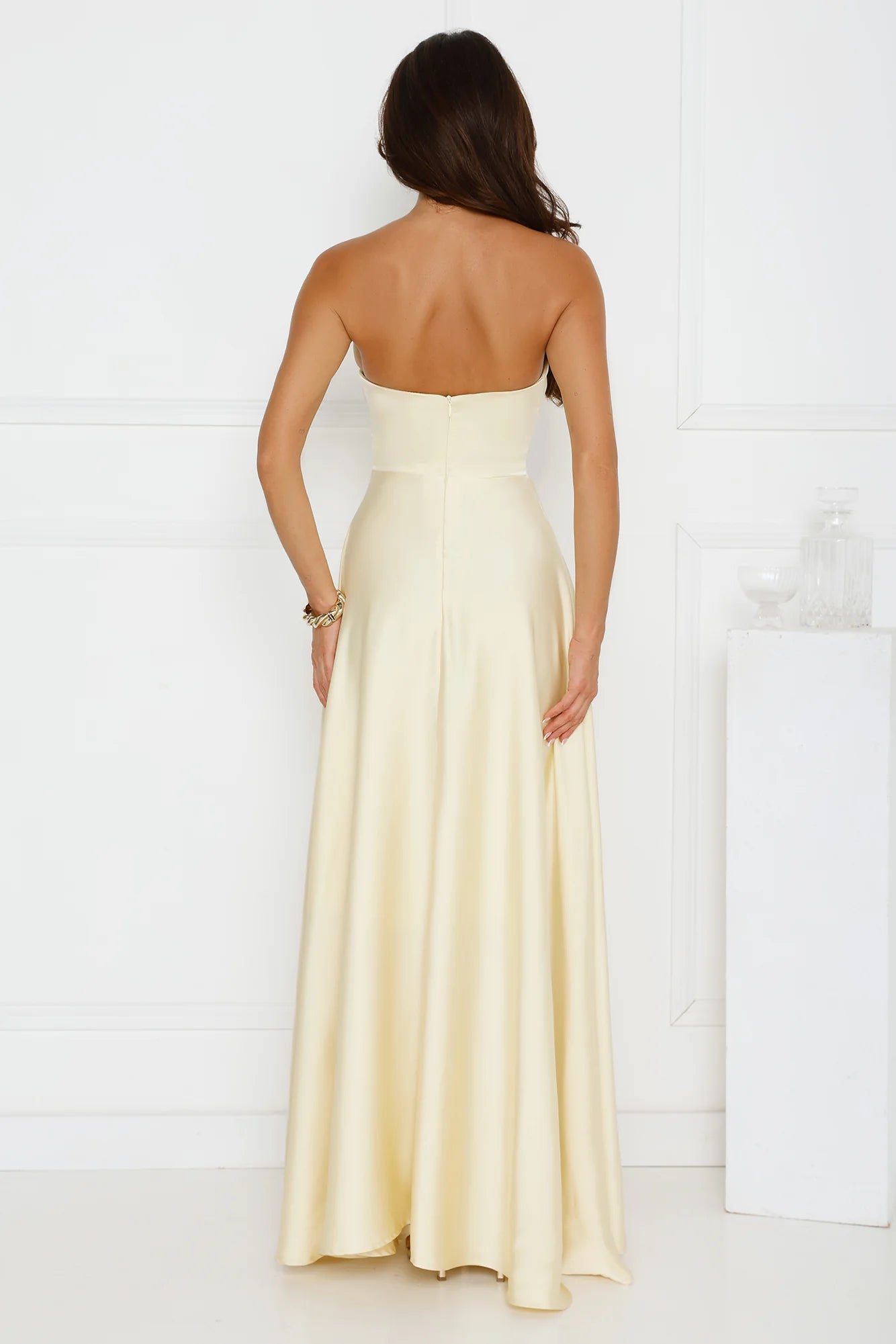 Elegant A-line Strapless Sleeveless Pleated Satin Yellow Maxi Prom Dress With Slit