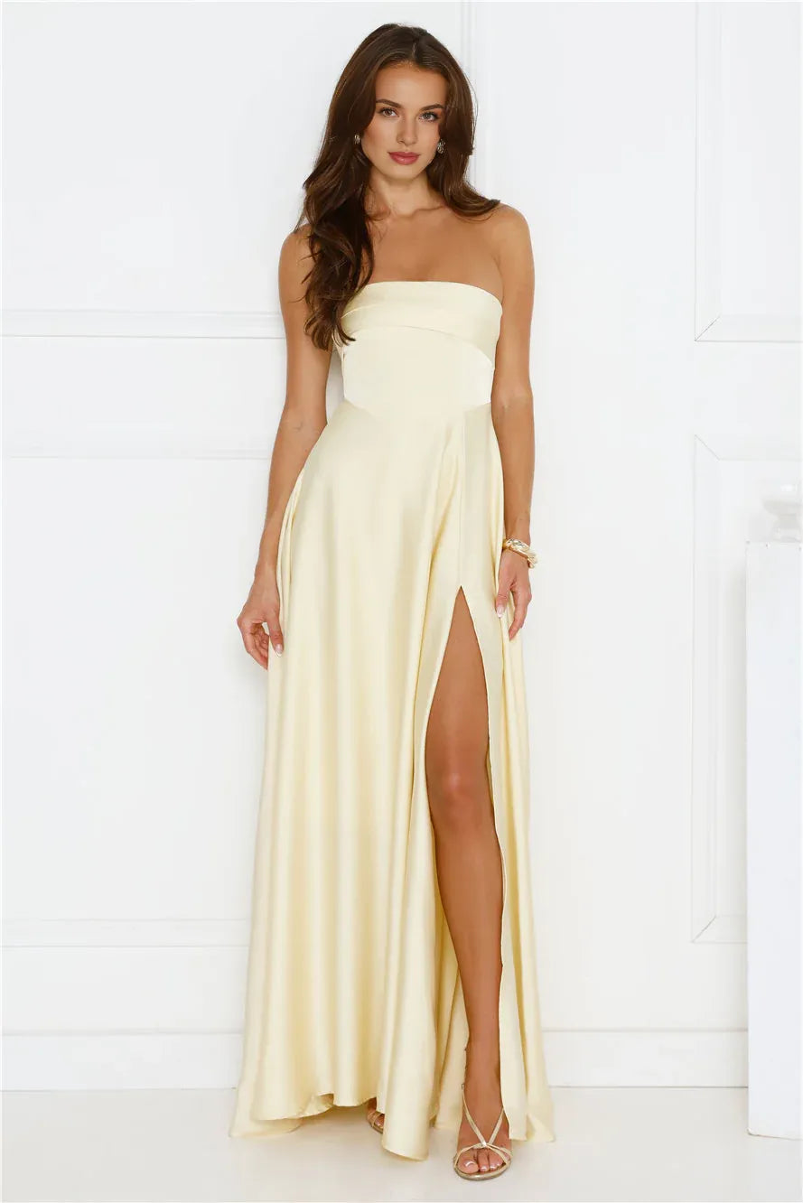 Elegant A-line Strapless Sleeveless Pleated Satin Yellow Maxi Prom Dress With Slit