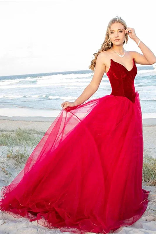 Elegant A-line Strapless Velvet Tulle Red Maxi Prom Dress For Women For Sale