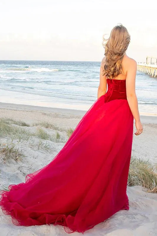 Elegant A-line Strapless Velvet Tulle Red Maxi Prom Dress For Women For Sale