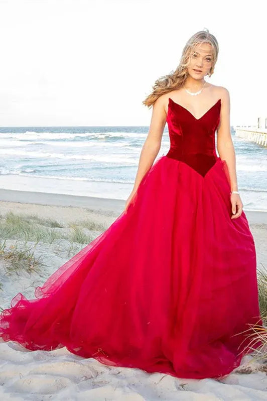 Elegant A-line Strapless Velvet Tulle Red Maxi Prom Dress For Women For Sale