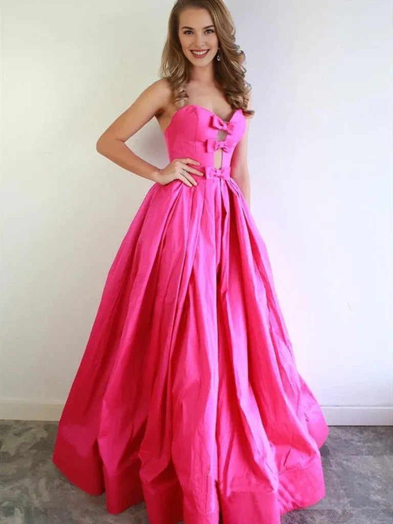 Elegant A-line Sweetheart Bow Cut Out Pleated Satin Fuchsia Prom Dress