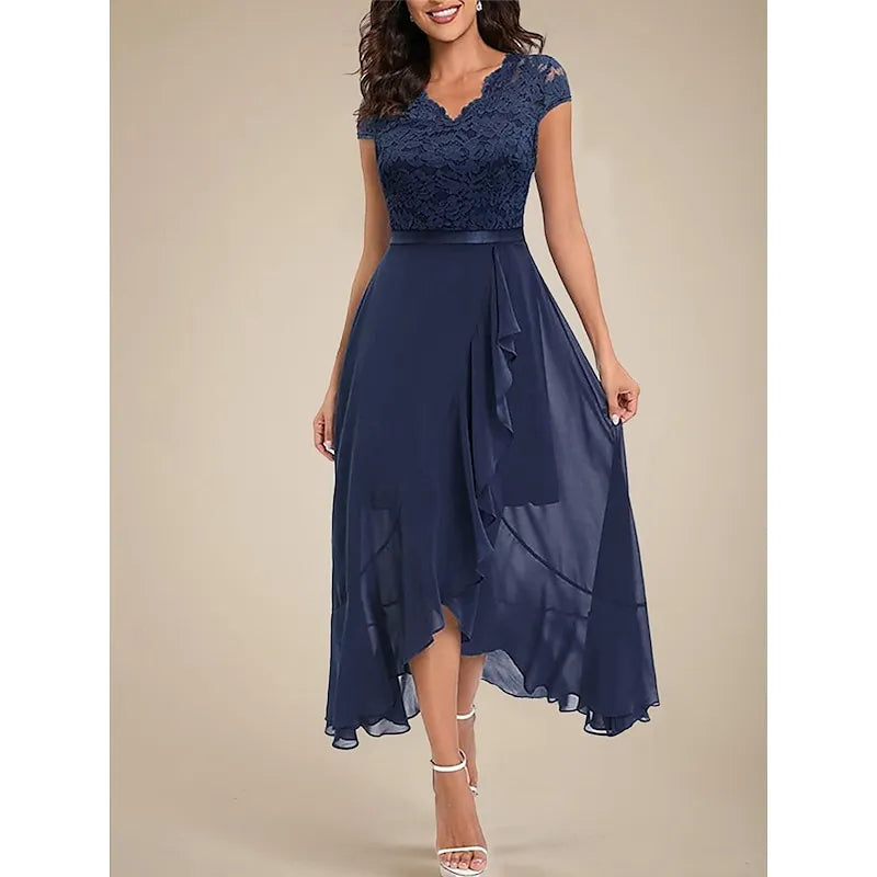 Elegant A-line V-neck Cap-sleeve Lace-embellished Navy Blue Asymmetrical Prom Dress for Women Ready to Ship