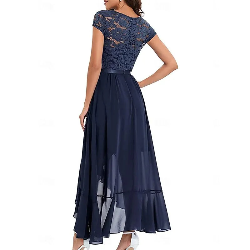 Elegant A-line V-neck Cap-sleeve Lace-embellished Navy Blue Asymmetrical Prom Dress for Women Ready to Ship