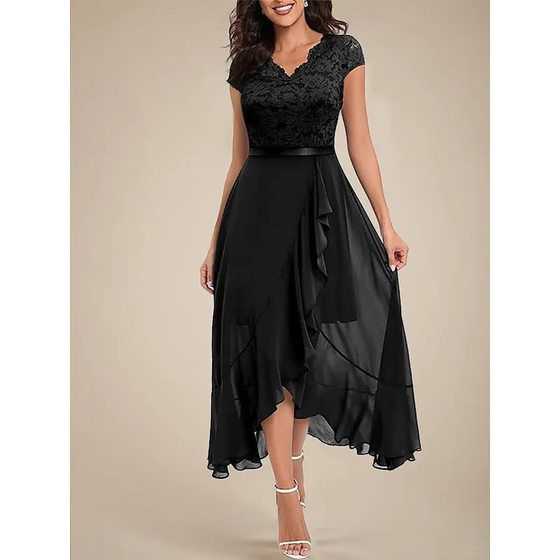 Elegant A-line V-neck Cap-sleeve Lace-embellished Navy Blue Asymmetrical Prom Dress for Women Ready to Ship