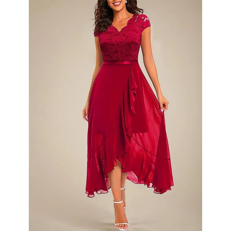 Elegant A-line V-neck Cap-sleeve Lace-embellished Navy Blue Asymmetrical Prom Dress for Women Ready to Ship