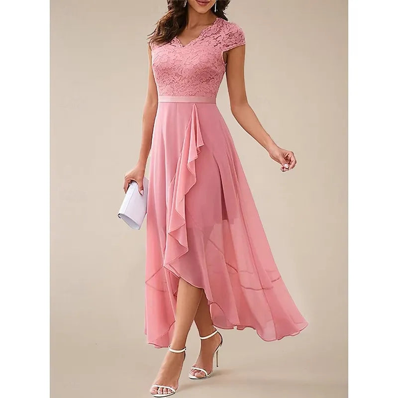 Elegant A-line V-neck Cap-sleeve Lace-embellished Navy Blue Asymmetrical Prom Dress for Women Ready to Ship