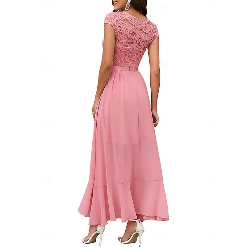Elegant A-line V-neck Cap-sleeve Lace-embellished Navy Blue Asymmetrical Prom Dress for Women Ready to Ship