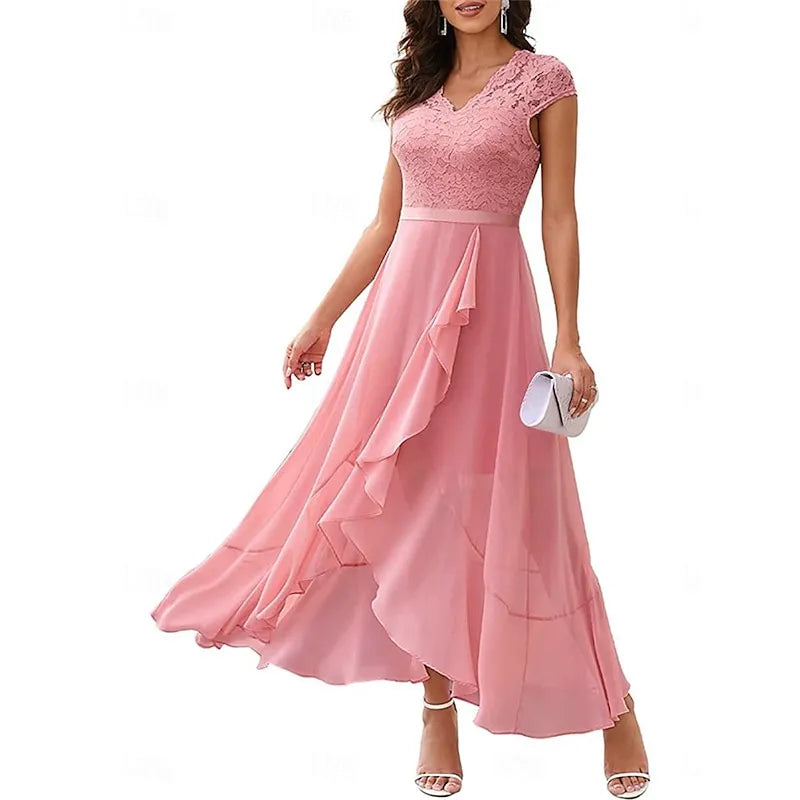 Elegant A-line V-neck Cap-sleeve Lace-embellished Navy Blue Asymmetrical Prom Dress for Women Ready to Ship