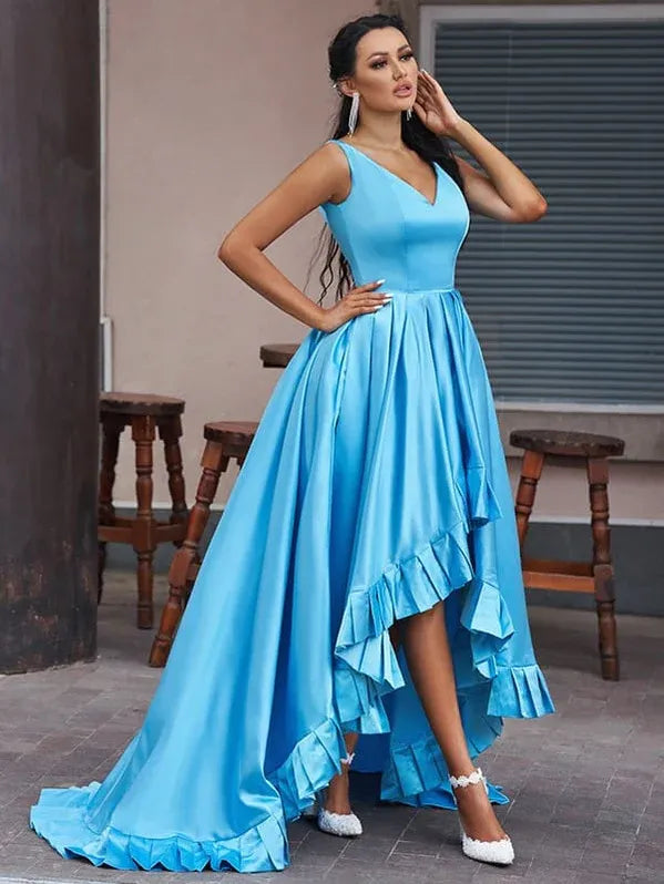 Elegant A-line V-neck Sleeveless Ruffle Sky Blue Maxi Prom Dress With Slit
