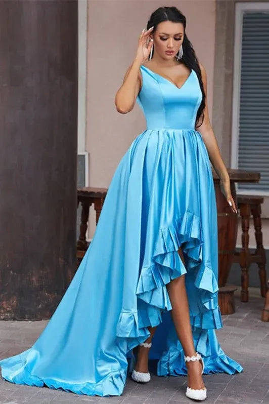 Elegant A-line V-neck Sleeveless Ruffle Sky Blue Maxi Prom Dress With Slit
