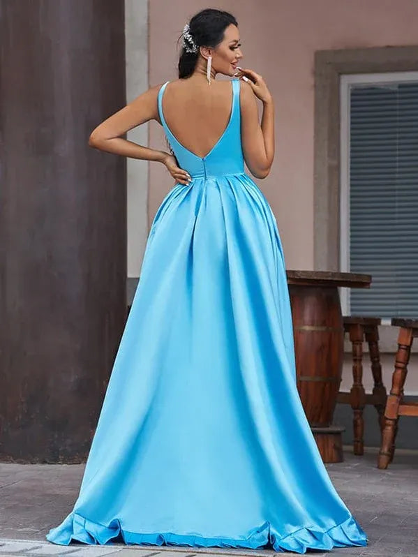Elegant A-line V-neck Sleeveless Ruffle Sky Blue Maxi Prom Dress With Slit