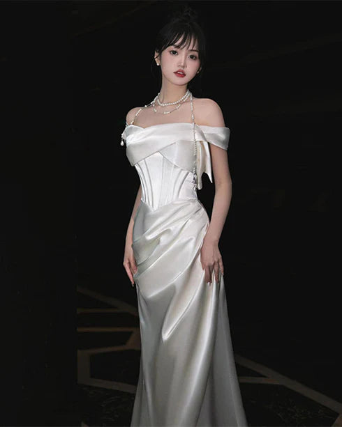 Elegant A-line White Off Shoulder Satin Party Dress Prom Dress Evening Dress