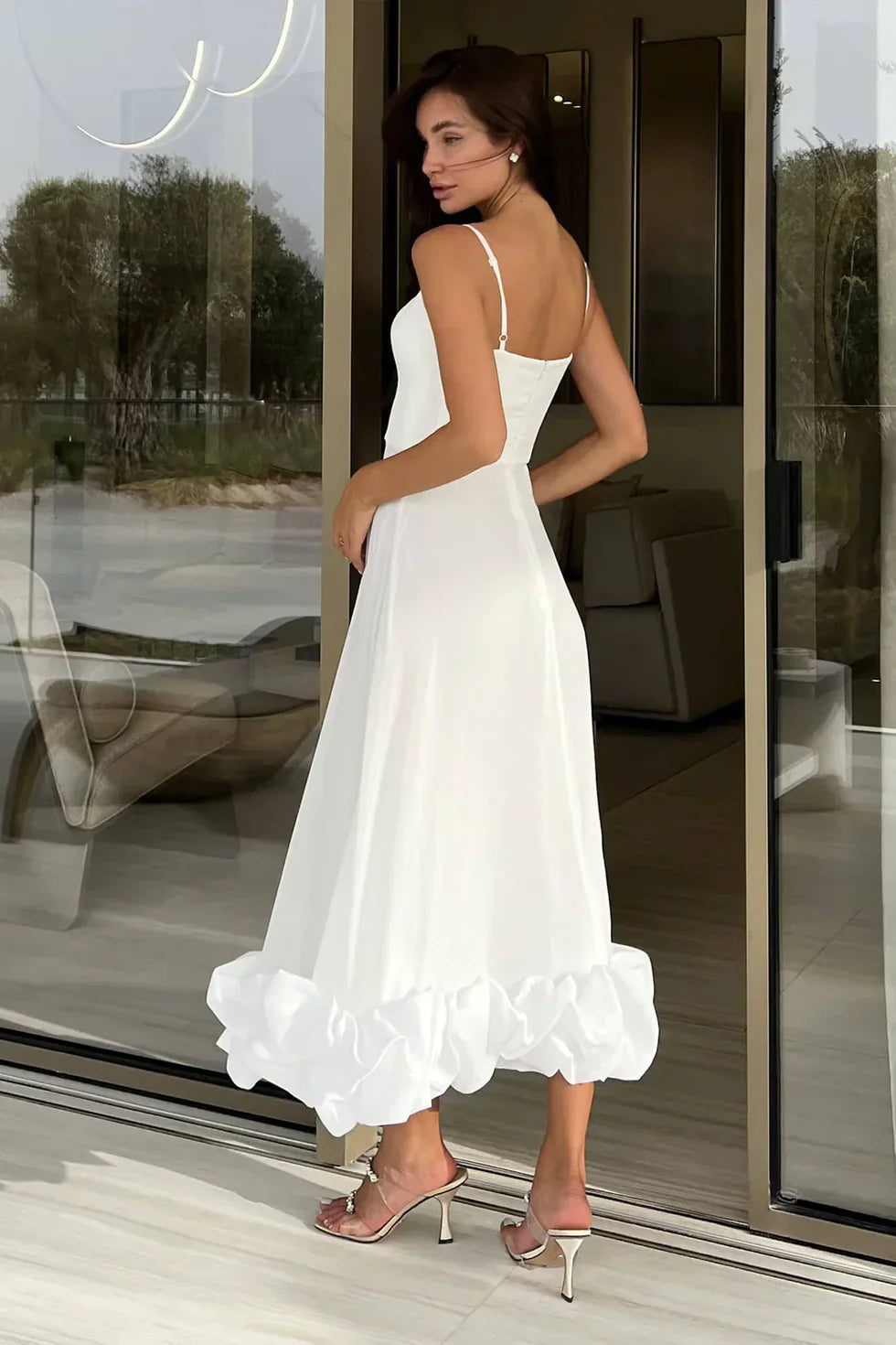 Elegant A Line Spaghetti-Straps Ruffled Satin White Tea-Length Prom Dress