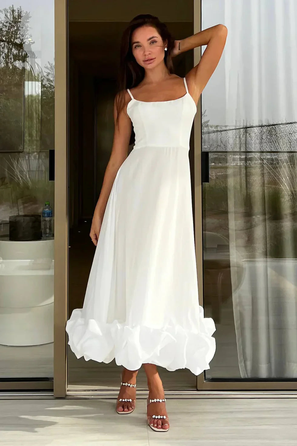 Elegant A Line Spaghetti-Straps Ruffled Satin White Tea-Length Prom Dress