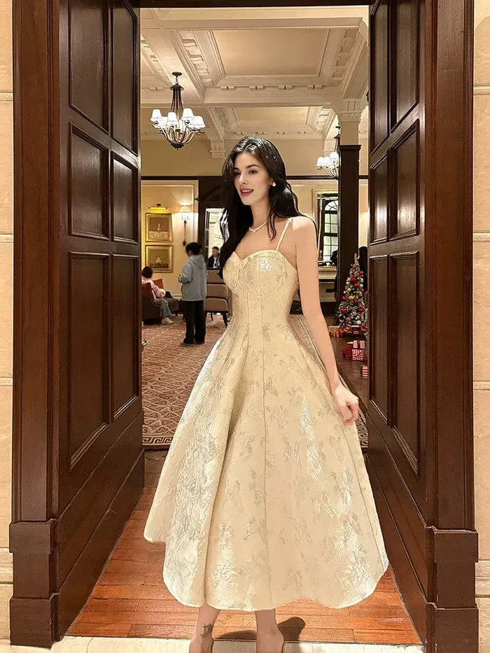 Elegant A Line Spaghetti Straps Jacquard Satin Off White Long Prom Dress