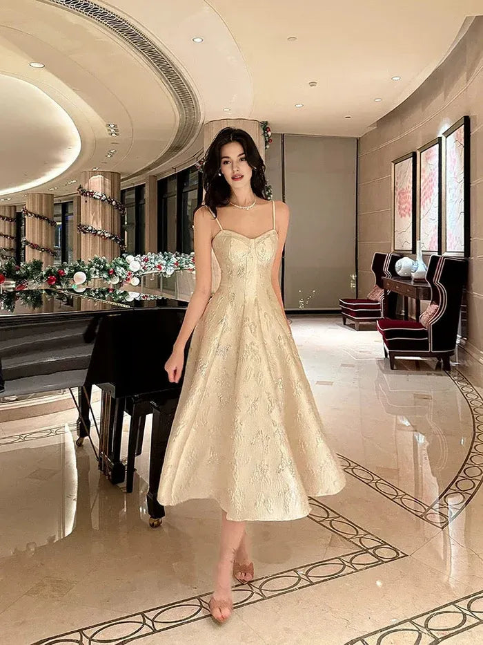 Elegant A Line Spaghetti Straps Jacquard Satin Off White Long Prom Dress