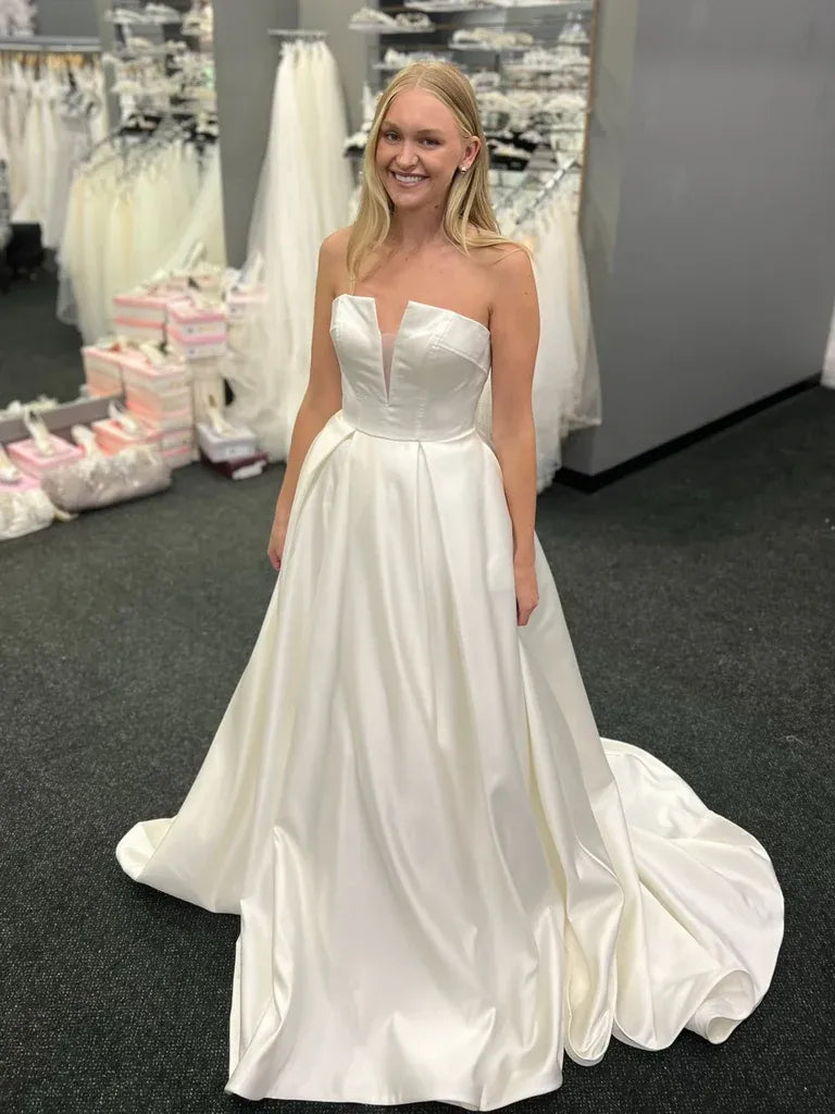 Elegant A Line Strapless Satin Ivory Prom Dress With Train Hot Sale
