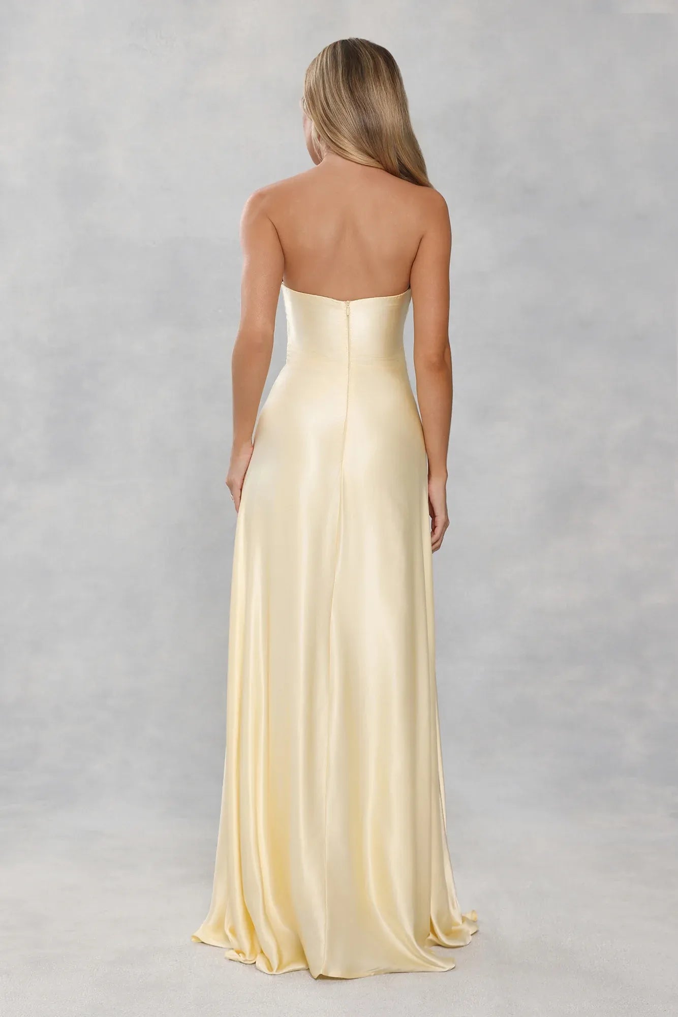 Elegant A Line Strapless Satin Yellow Floor Length Prom Dress With Streamer