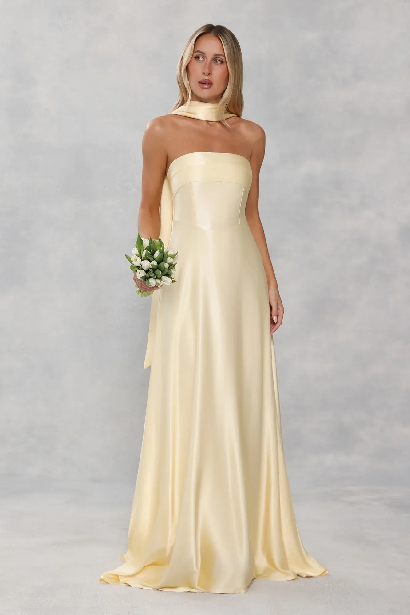 Elegant A Line Strapless Satin Yellow Floor Length Prom Dress With Streamer