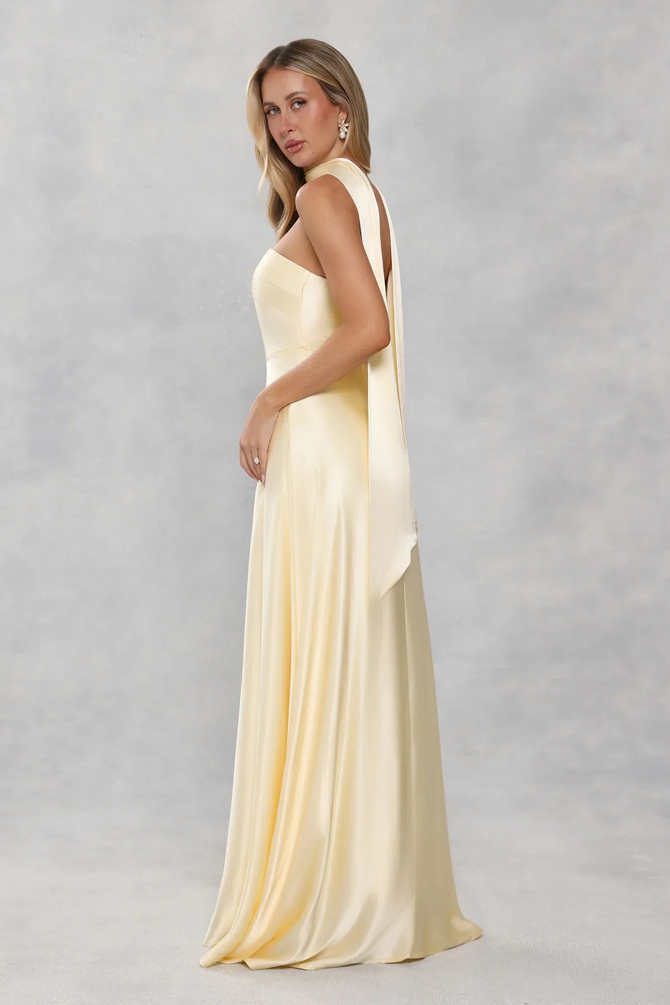 Elegant A Line Strapless Satin Yellow Floor Length Prom Dress With Streamer