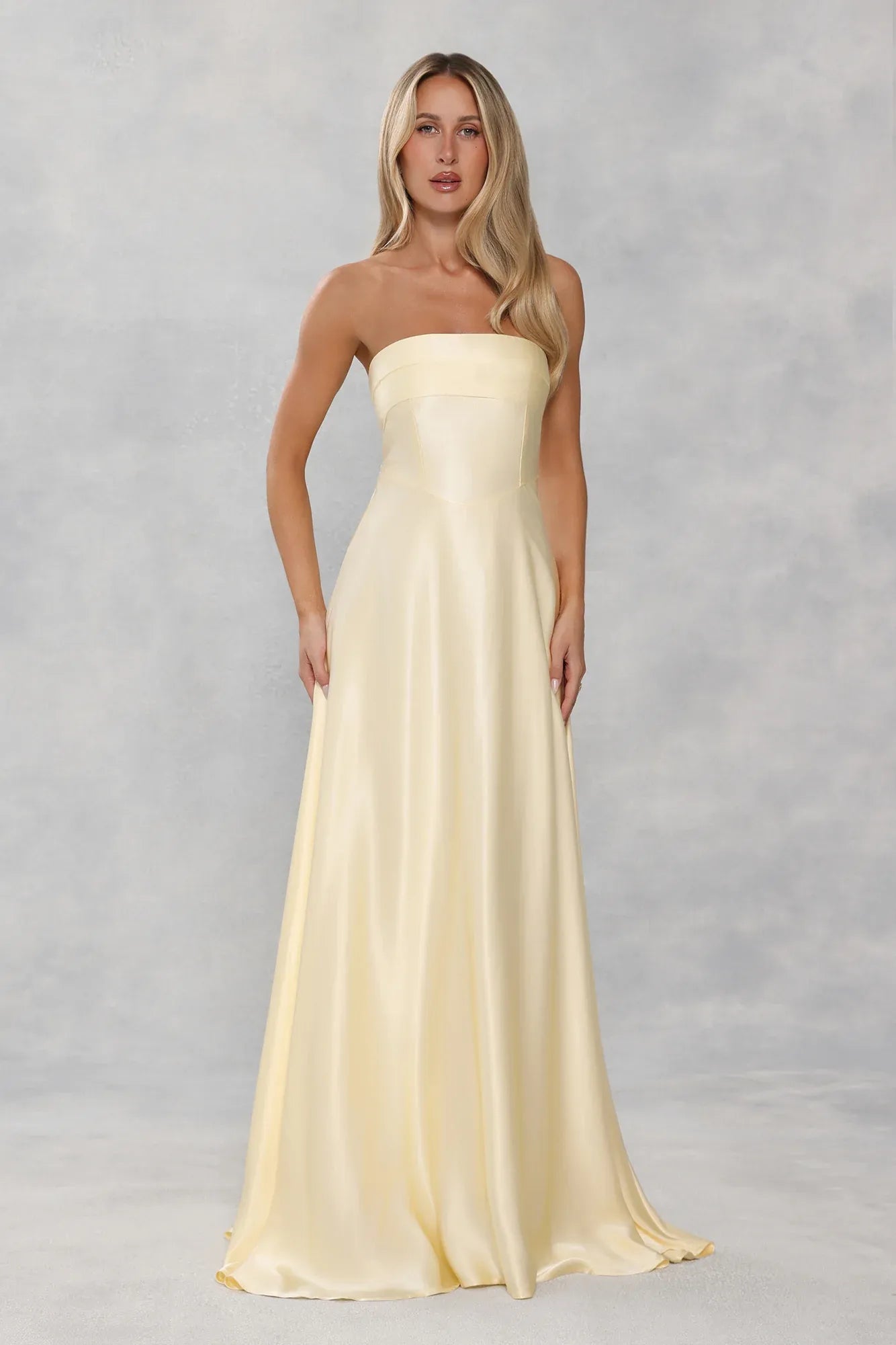 Elegant A Line Strapless Satin Yellow Floor Length Prom Dress With Streamer