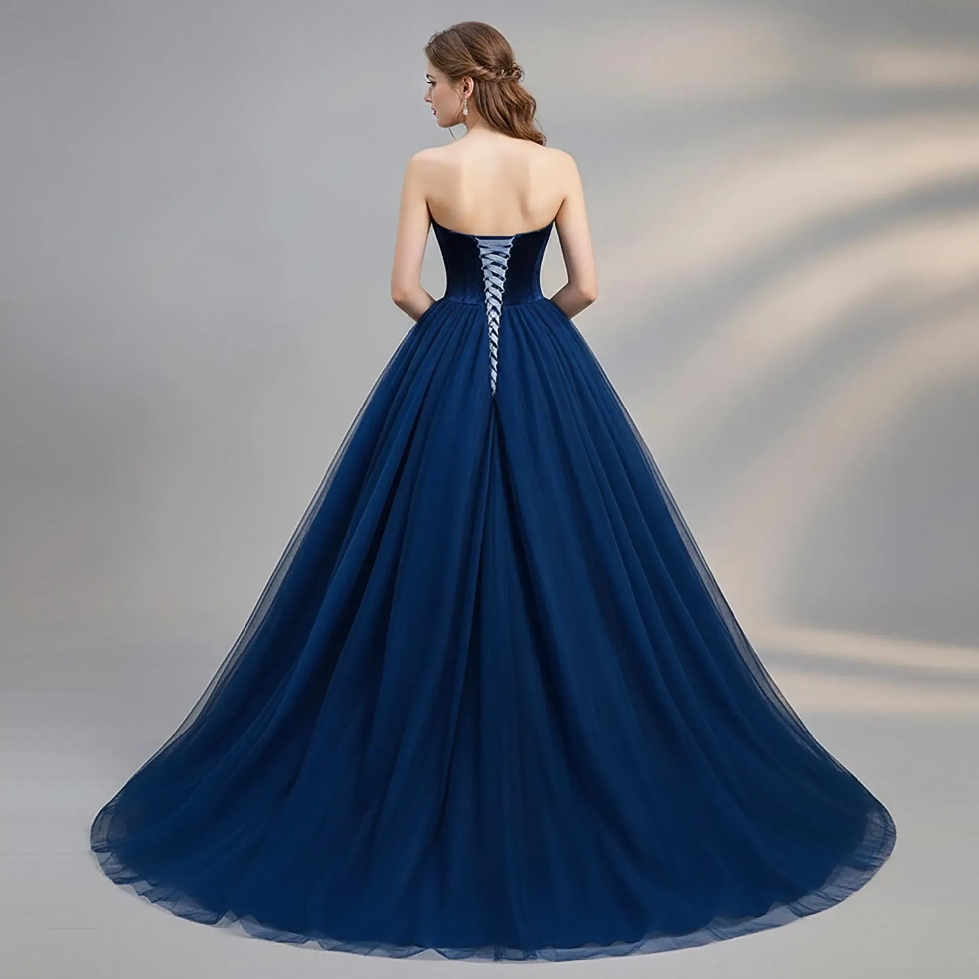 Elegant A Line Strapless Sweetheart Beaded Tulle Navy Blue Floor Length Prom Dress