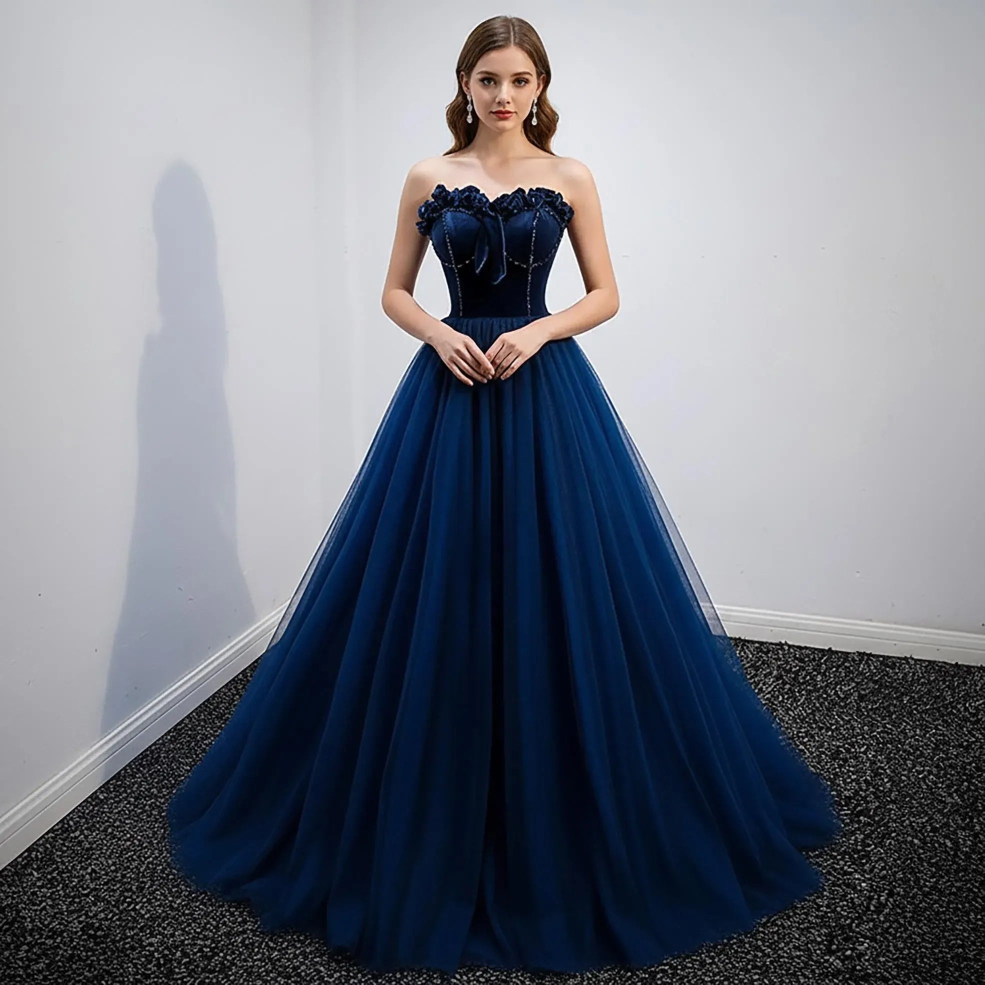 Elegant A Line Strapless Sweetheart Beaded Tulle Navy Blue Floor Length Prom Dress
