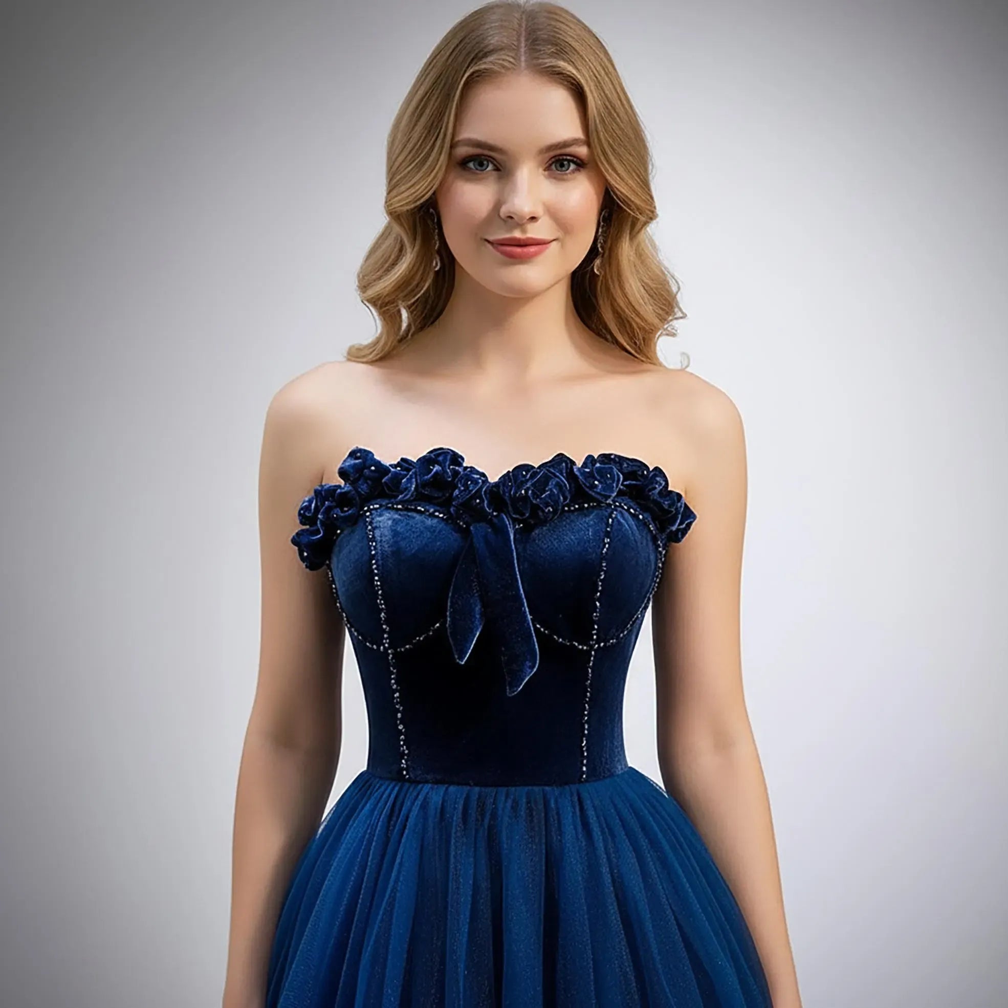 Elegant A Line Strapless Sweetheart Beaded Tulle Navy Blue Floor Length Prom Dress