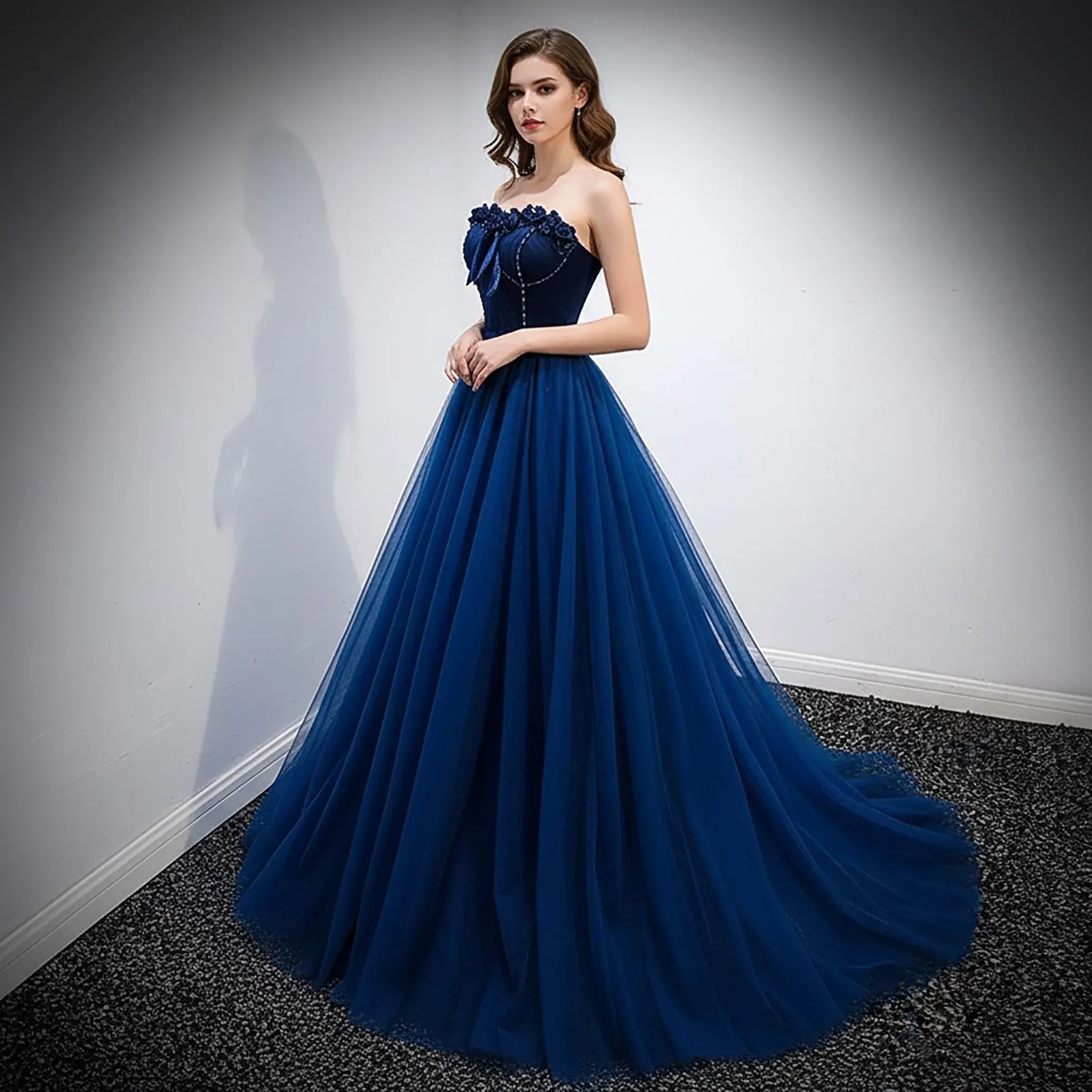 Elegant A Line Strapless Sweetheart Beaded Tulle Navy Blue Floor Length Prom Dress