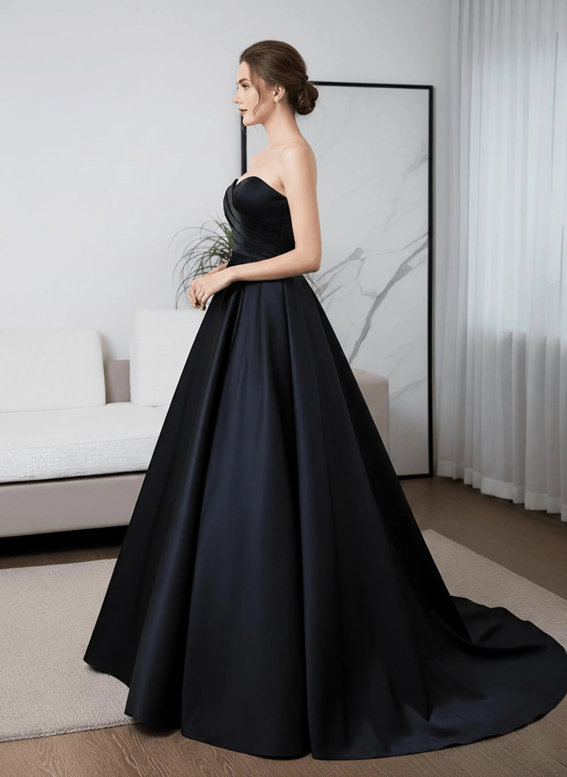 Elegant A Line Sweetheart Ruched Black Floor Length Prom Dress Ready To Ship