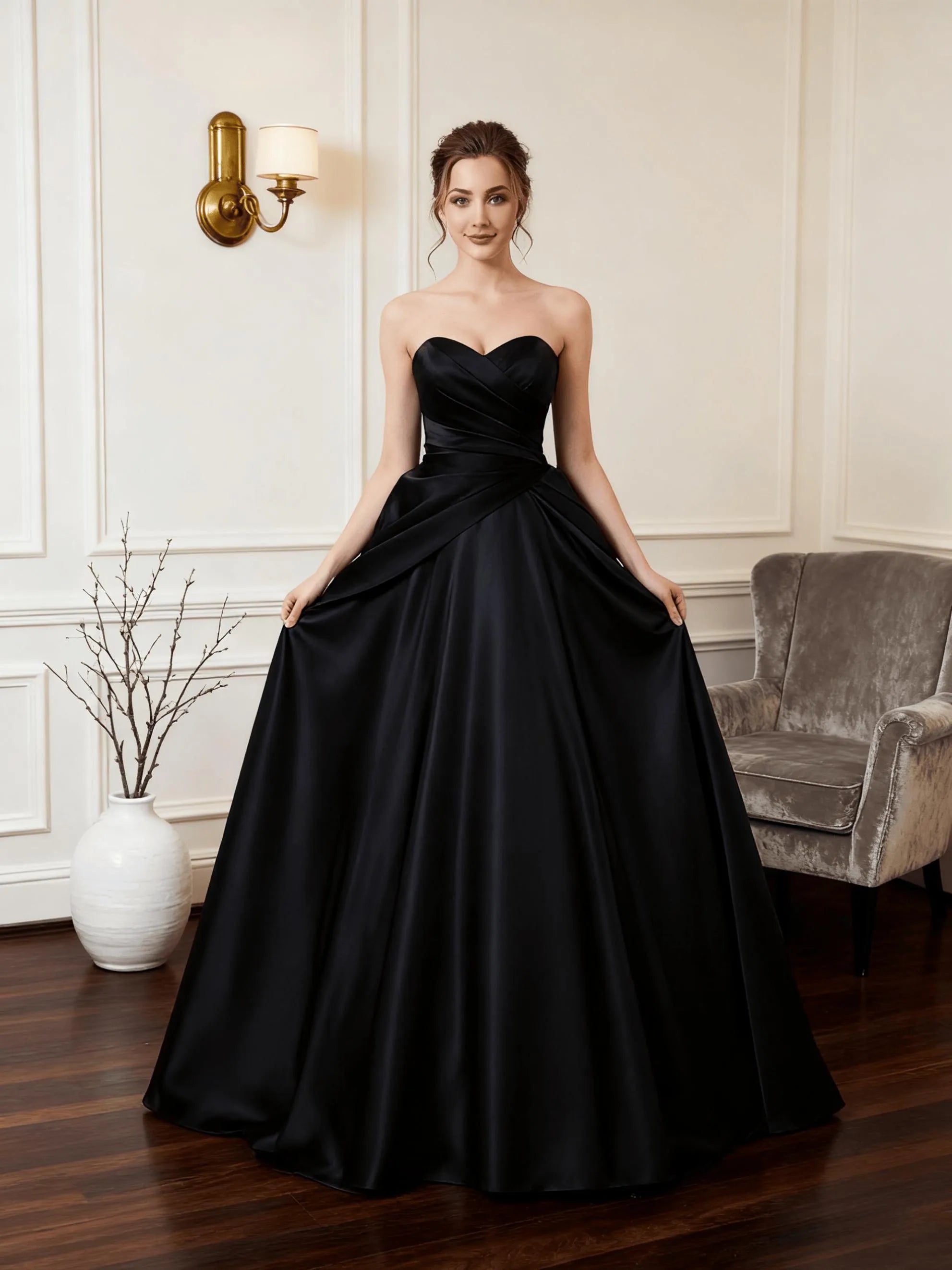 Elegant A Line Sweetheart Ruched Black Floor Length Prom Dress Ready To Ship
