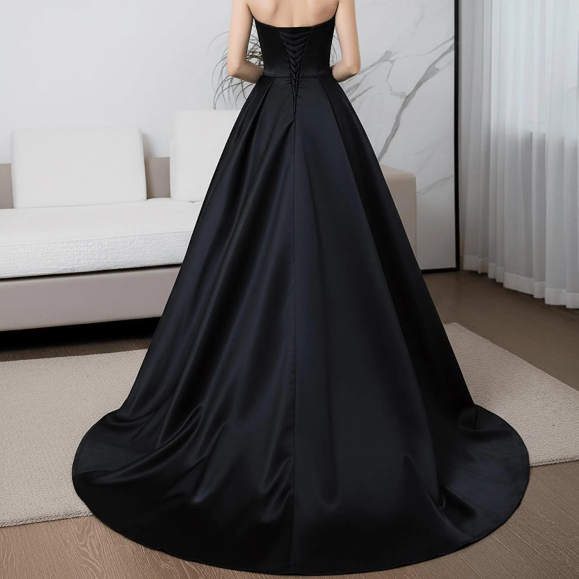 Elegant A Line Sweetheart Ruched Black Floor Length Prom Dress Ready To Ship