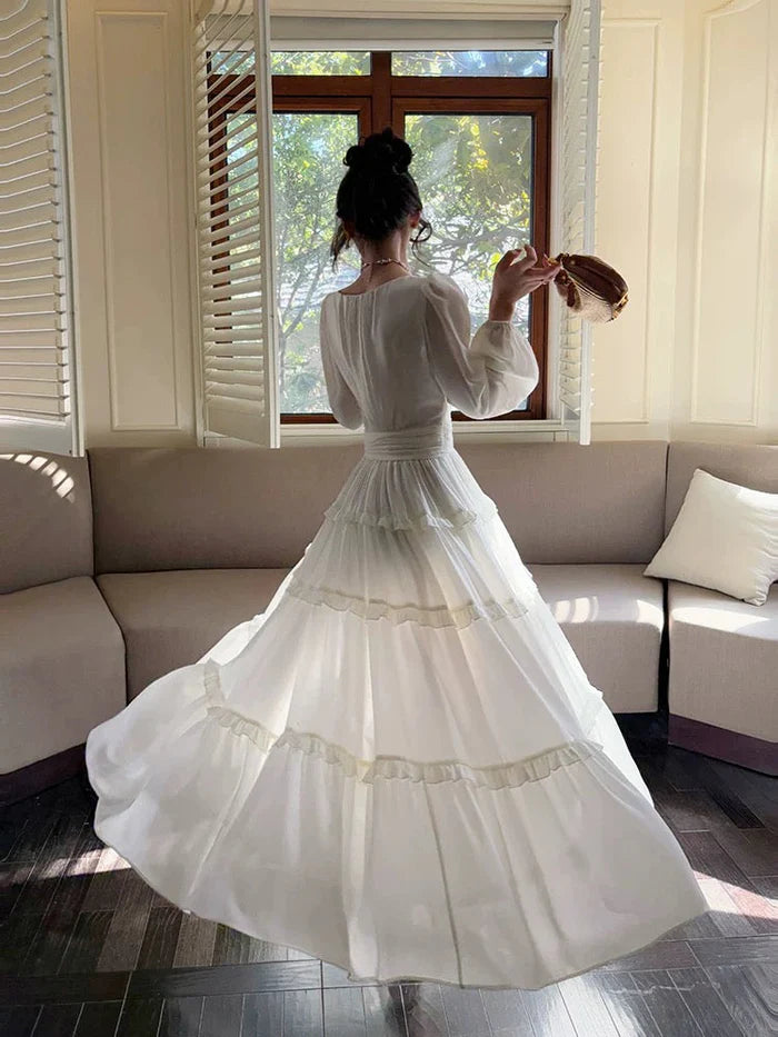 Elegant A Line V Neck Long Sleeves Chiffon White Long Prom Dress