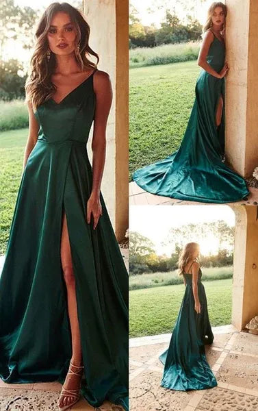 Elegant A Line V Neck Satin Emerald Green Train Prom Dress With Side Slit