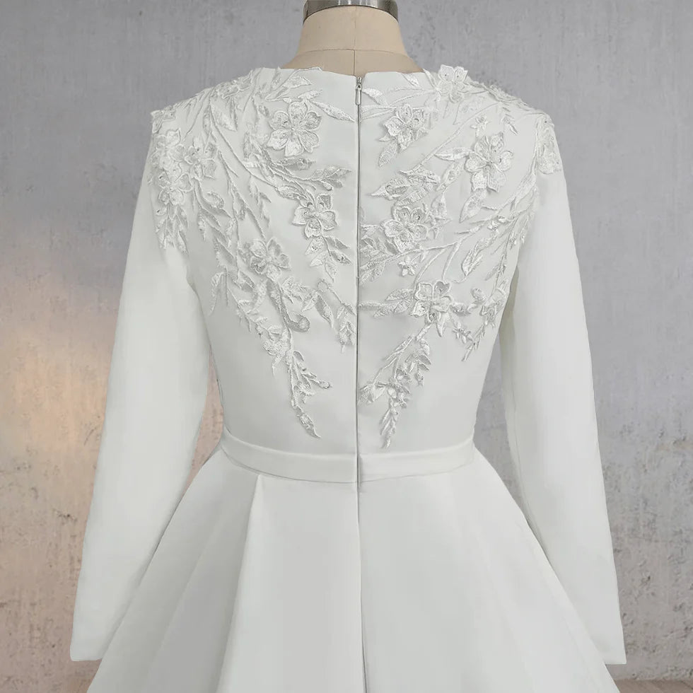 Elegant A Line White Satin Round Neck Long Sleeve Applique Wedding Dresses With Sweep Train