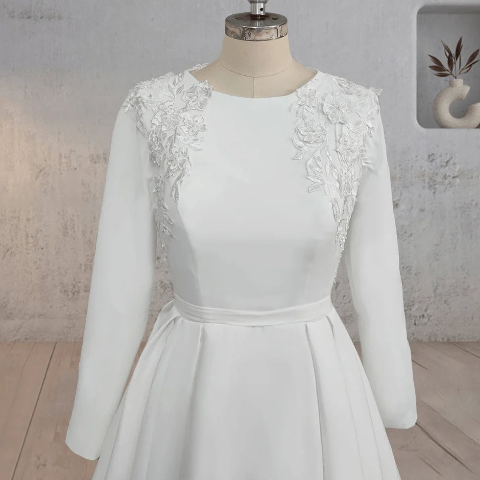 Elegant A Line White Satin Round Neck Long Sleeve Applique Wedding Dresses With Sweep Train