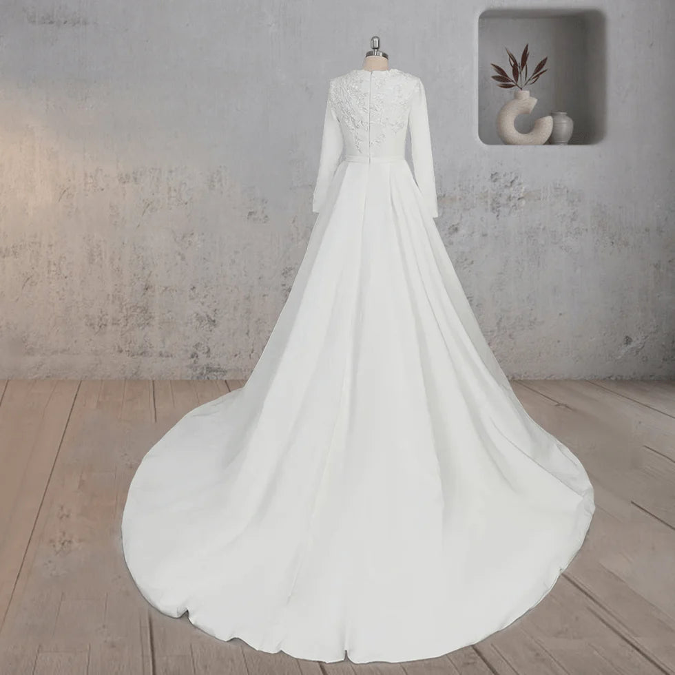 Elegant A Line White Satin Round Neck Long Sleeve Applique Wedding Dresses With Sweep Train