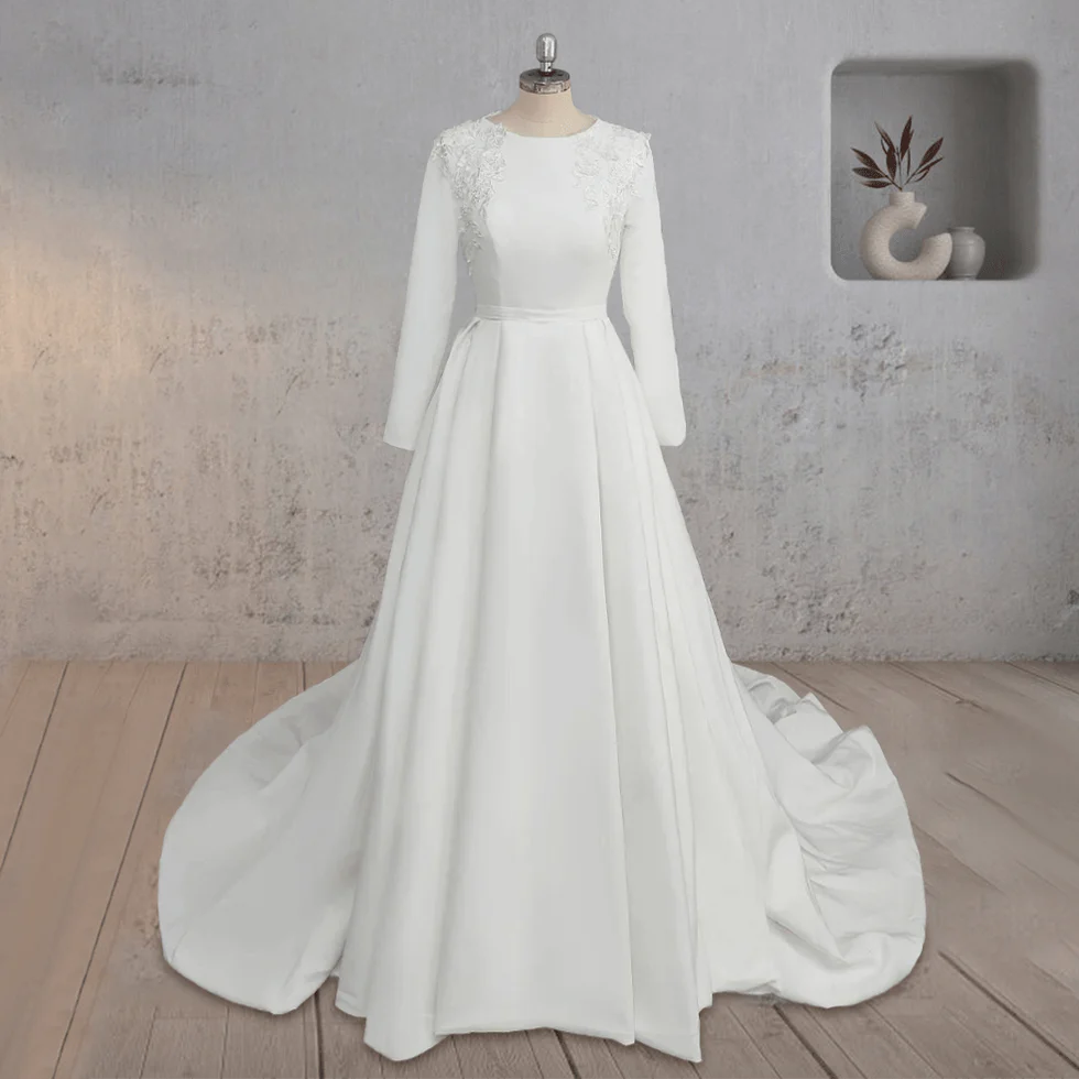 Elegant A Line White Satin Round Neck Long Sleeve Applique Wedding Dresses With Sweep Train