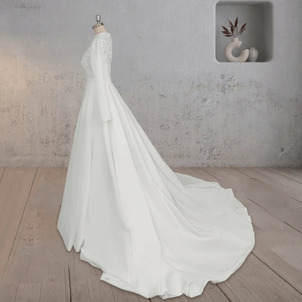 Elegant A Line White Satin Round Neck Long Sleeve Applique Wedding Dresses With Sweep Train