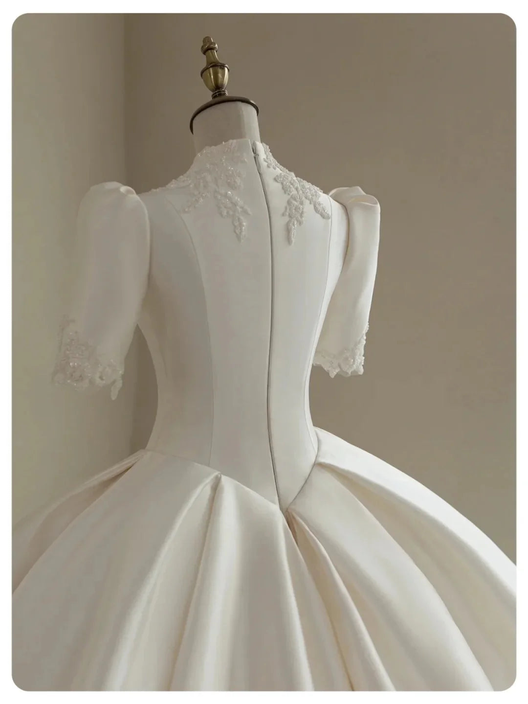 Elegant A Line White Satin With Beaded Deep V Neck Short Sleeves Long Princess Wedding Dress With Train