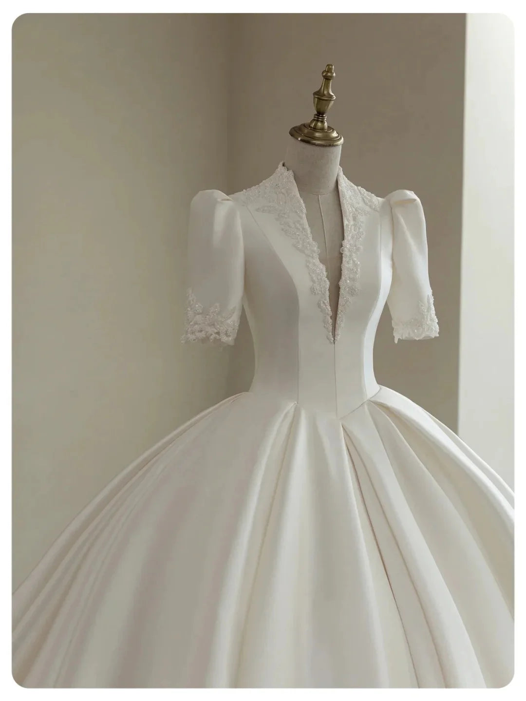 Elegant A Line White Satin With Beaded Deep V Neck Short Sleeves Long Princess Wedding Dress With Train