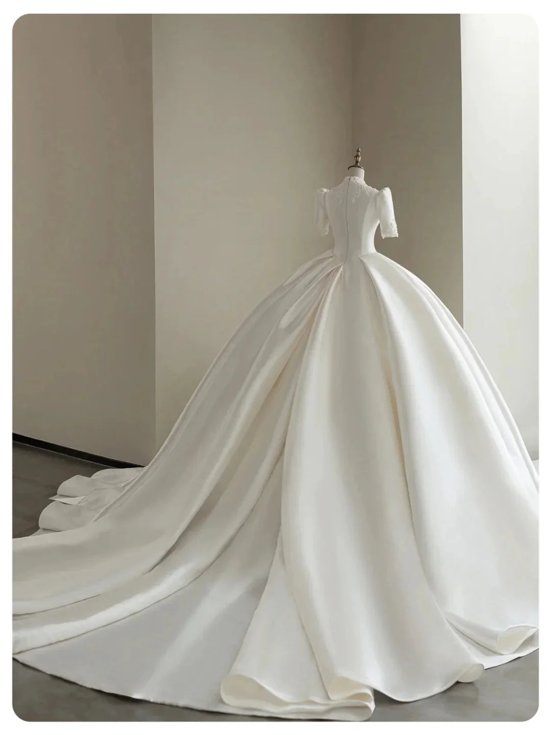 Elegant A Line White Satin With Beaded Deep V Neck Short Sleeves Long Princess Wedding Dress With Train