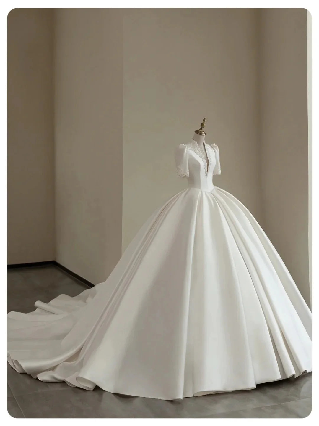 Elegant A Line White Satin With Beaded Deep V Neck Short Sleeves Long Princess Wedding Dress With Train